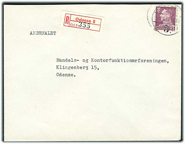 95 øre Fr. IX single på lokalt anbefalet brev i Odense d. 15.4.1964.