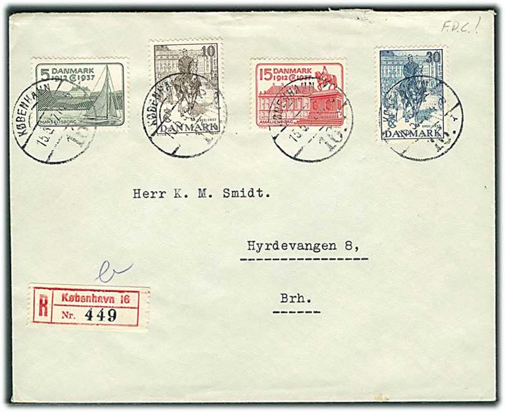 Komplet sæt Regentjubilæum på uofficiel anbefalet FDC fra København d. 15.5.1937til Brønshøj.