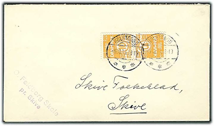10 øre Bølgelinie i tête-bêche parstykke på brev fra Holstebro d. 6.10.1936 til Skive.