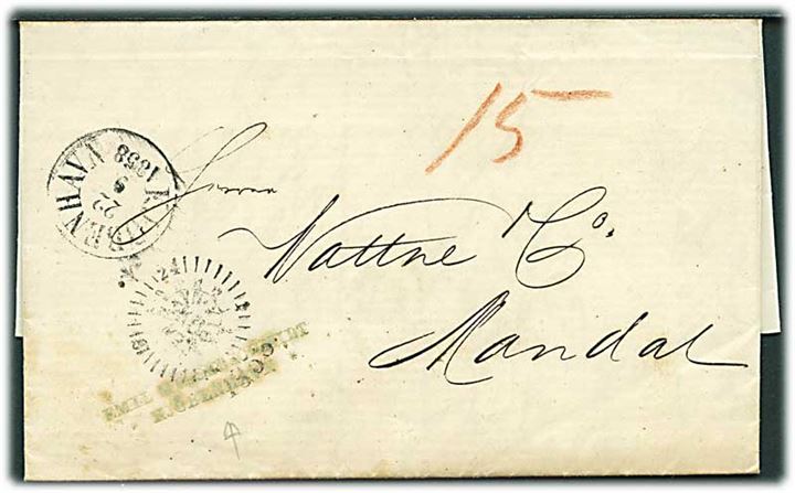 1858. Ufrankeret portobrev med kompasstempel og antiqua Kjøbenhavn d. 22.9.1858 til Mandal, Norge. Påskrevet 15 sk. porto.