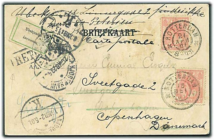 5 c. Wilhelmina på brevkort fra Rotterdam d. 21.4.1901 til København, Danmark. Ubekendt og retur med 2-sproget etiket Ubekjendt. Genfremsendt med 5 c. Wilhelmina stemplet Rotterdam d. 13.5.1901.