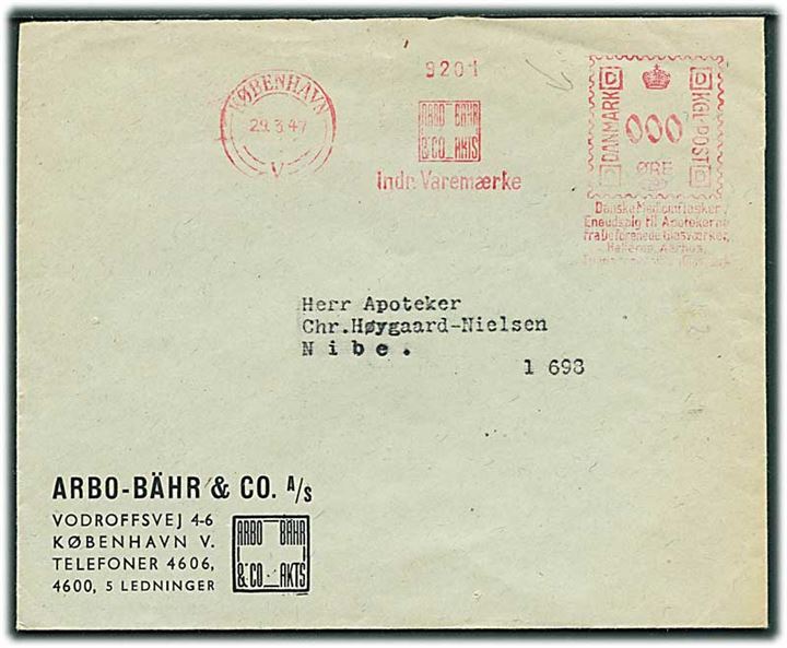 Firmafranko frankeret brev fra Arbo-Bähr & Co. i København d. 29.3.1947 til Nibe. Indstillet med værdi 000. Ikke udtakseret i porto.