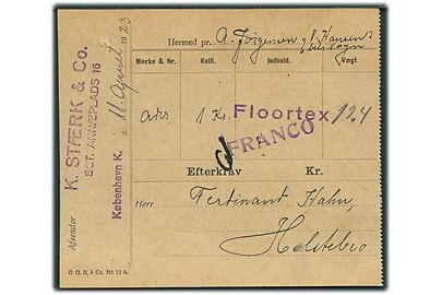 Fragtgods adressekort fra København d. 11.8.1923 til Holstebro.