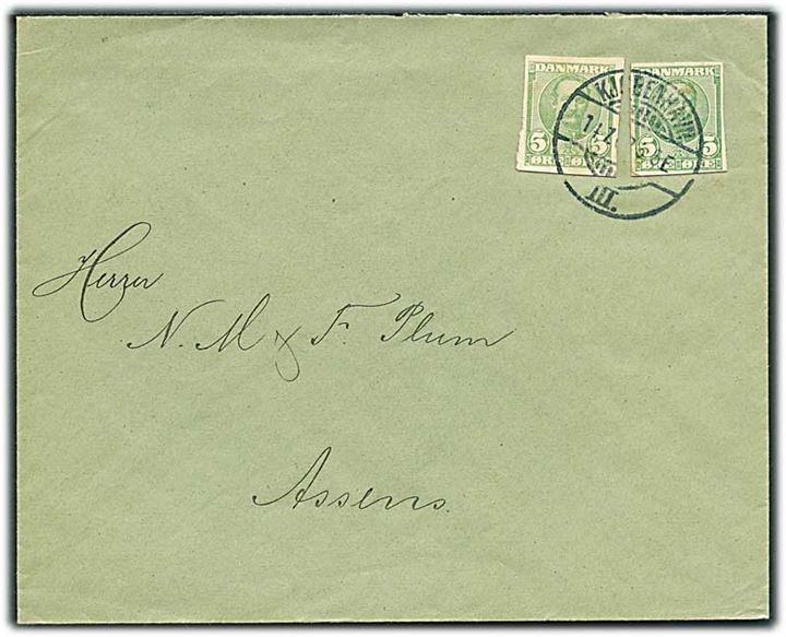 5 øre Fr. VIII helsagsafklip (2) som frankering på brev fra Kjøbenhavn d. 14.7.1908 til Assens.