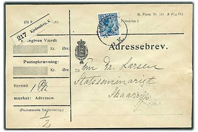 20 øre Chr. X på adressebrev fra Kjøbenhavn d. 7.5.1917 til Statsseminariet i Skaarup.