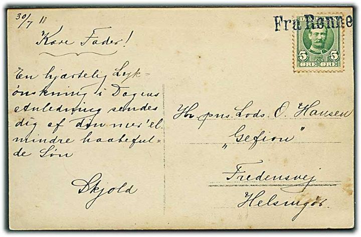 5 øre Fr. VIII på brevkort dateret d. 30.7.1911 annulleret med skibsstempel Fra Rønne til Helsingør.