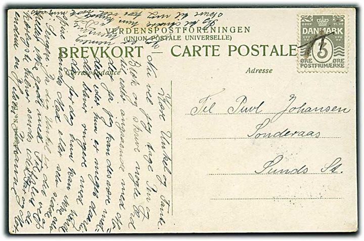 3 øre Bølgelinie annulleret med blækkryds på lokalt brevkort til Sønderaas pr. Sunds.