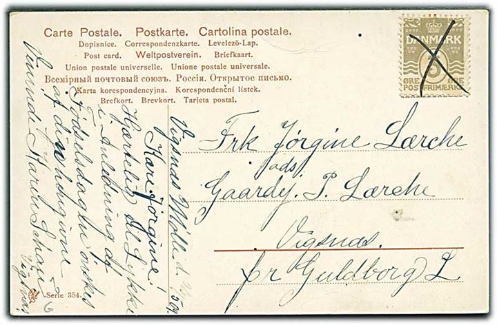 3 øre Bølgelinie annulleret med blækkryds på lokalt brevkort fra Vigsnæs Mølle d. 26.5.1909 til Vigsnæs pr. Guldborg L.