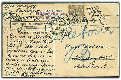3 øre Bølgelinie på lokalt brevkort i Kjøbenhavn d. 7.8.1908. Retur med stempel: Ubekendt efter Adressen. Kbhvn. F. 