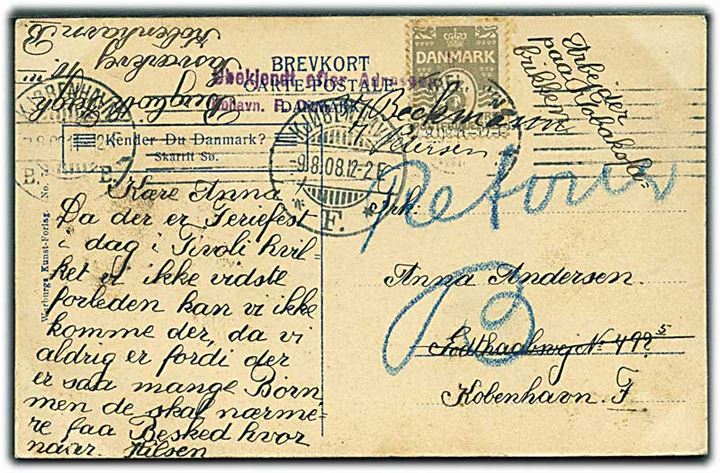 3 øre Bølgelinie på lokalt brevkort i Kjøbenhavn d. 7.8.1908. Retur med stempel: Ubekendt efter Adressen. Kbhvn. F. 