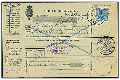 20 øre Chr. X på retur Postopkrævning fra Kjøbenhavn d. 16.6.1919 til Langemark Mark pr. Tranebjerg - eftersendt Sandholm og retur fra Tranebjerg som Indløsning nægtet.