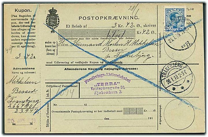 20 øre Chr. X på retur Postopkrævning fra Kjøbenhavn d. 25.1.1919 til Besser pr. Tranebjerg og retur fra Tranebjerg som Indløsning nægtet.