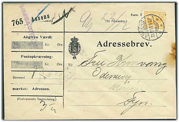 35 øre Chr. X på adressebrev for pakke fra Assens d. 21.12.1918 til Ringe. Liniestempel: Udleveret.