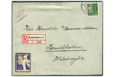 40 øre Karavel og Julemærke 1929 på anbefalet brev fra København d. 13.12.1929 til Kornetskolen i Helsingør.