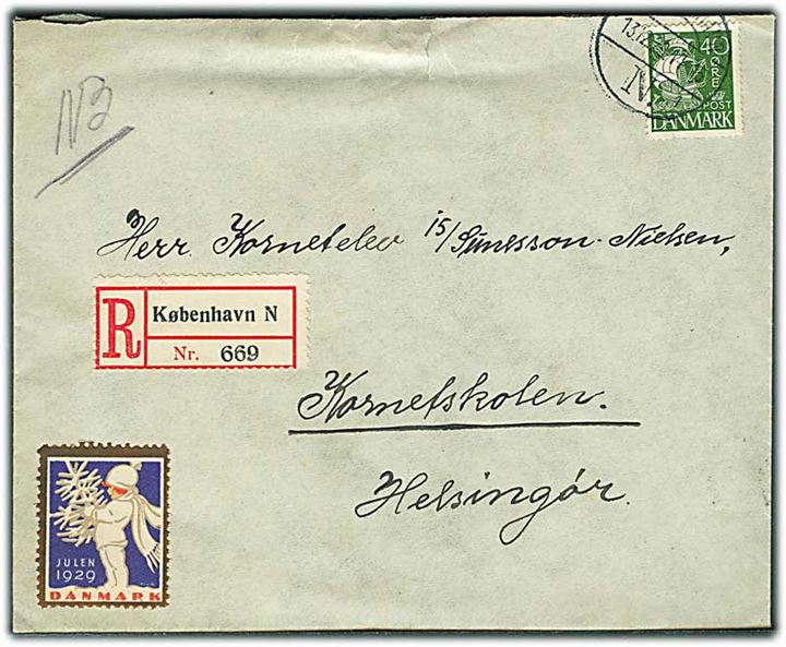 40 øre Karavel og Julemærke 1929 på anbefalet brev fra København d. 13.12.1929 til Kornetskolen i Helsingør.