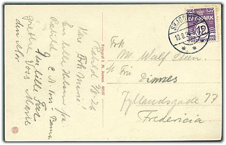 12 øre Bølgelinie på brevkort fra Skjørping d. 10.8.1926 til Fredericia.