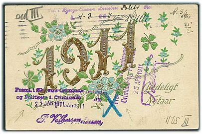 5 øre Fr. VIII på brevkort fra Kjøbenhavn d. 29.12.1910 til Odense. På bagsiden flere stempler vedr. Fremlagt i Københavns Criminal- og Politiret.
