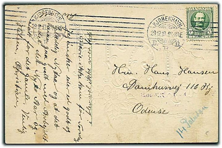 5 øre Fr. VIII på brevkort fra Kjøbenhavn d. 29.12.1910 til Odense. På bagsiden flere stempler vedr. Fremlagt i Københavns Criminal- og Politiret.