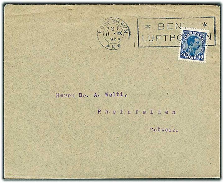 40 øre Chr. X på brev annulleret med TMS * Benyt * Luftposten/København *K* d. 11.9.1925 til Rheinfelden, Schweiz. 