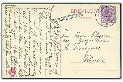 15 øre Chr. X på brevkort fra København annulleret med brotype IIIb Rønne d. 21.8.1923 og sidestemplet Fra Kjøbenhavn til Rønne.