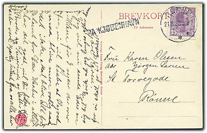 15 øre Chr. X på brevkort fra København annulleret med brotype IIIb Rønne d. 21.8.1923 og sidestemplet Fra Kjøbenhavn til Rønne.