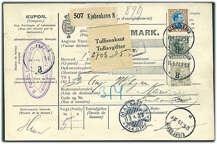 50 øre, 1 kr. og 2 kr. Chr. X på internationalt adressekort for pakke fra Kjøbenhavn 8 d. 11.4.1923 via Malmö Pak.Utr.T. og Turku til Karis, Finland.