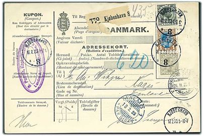 50 øre, 1 kr. og 2 kr. Chr. X på internationalt adressekort for pakke fra Kjøbenhavn 8 d. 16.2.1923 via Malmö Pak.Utr.T. og Turku til Karis, Finland.