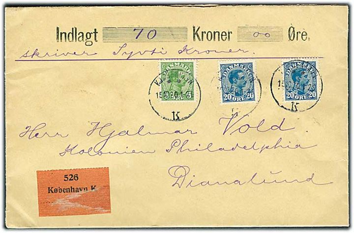 5 øre og 20 øre (2) Chr. X på værdibrev fra Kjøbenhavn d. 15.10.1920 til Kolonien Philadelphia, Dianalund.