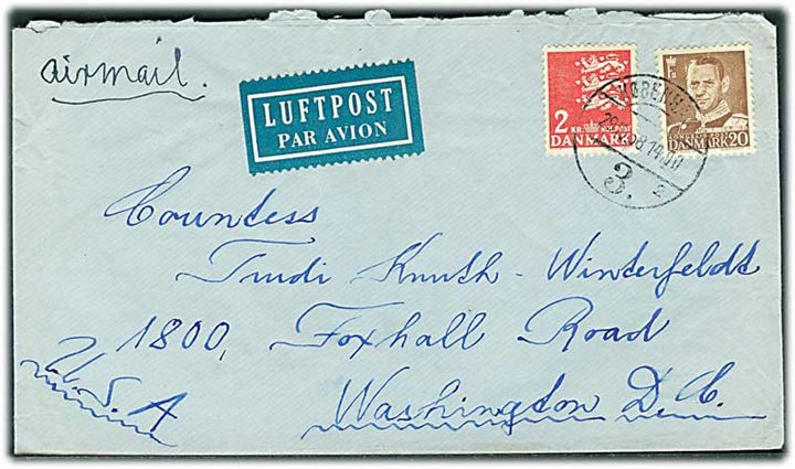 20 øre Fr. IX og 2 kr. Rigsvåben på luftpostbrev fra København d. 29.10.1958 til Washington, USA.