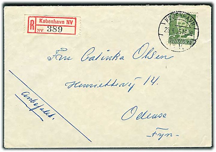 70 øre Fr. IX single på anbefalet brev fra København d. 28.4.1955 til Odense.