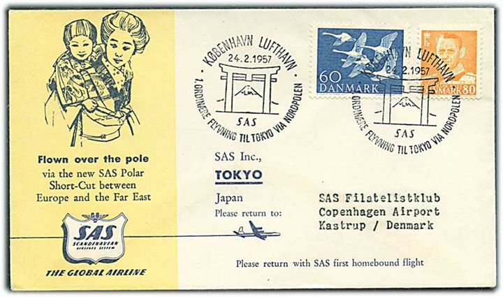 60 øre Nordens Dag og 80 øre Fr. IX på SAS 1.-flyvningskuvert fra København Lufthavn d. 24.2.1957 via Nordpolen til Tokyo, Japan.