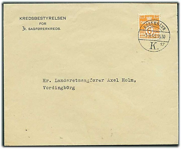 6 øre Bølgelinie single på tryksag fra København d. 3.9.1945 til Vordingborg.