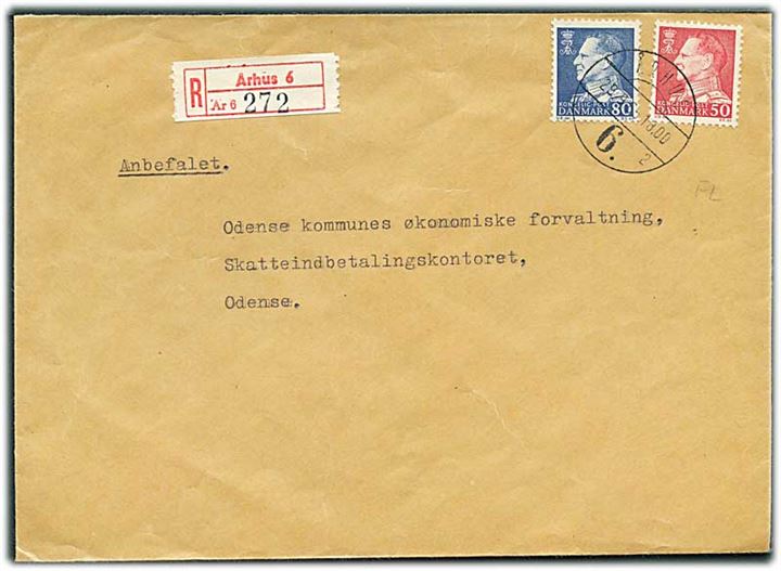 50 øre og 80 øre Fr. IX på anbefalet brev fra Århus d. 29.9.1965 til Odense.