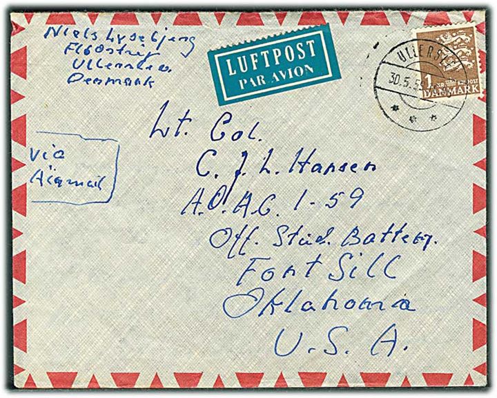 1 kr. Rigsvåben single på luftpostbrev fra Ullerslev d. 30.5.1959 til dansk officer under uddannelse på Fort Sill, USA.