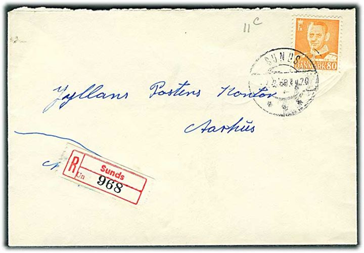 80 øre Fr. IX single på anbefalet brev fra Sunds d. x.2.1958 til Aarhus. Bagklap mgl.
