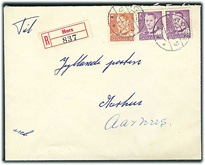 25 øre (par) og 30 øre Fr. IX på anbefalet brev fra Nors d. 18.2.1958 til Aarhus.