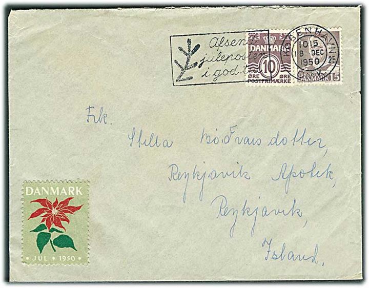 10 øre Bølgelinie og 15 øre Fr. IX, samt Julemærke 1950 på brev fra København d. 18.12.1950 til Reykjavik, Island.