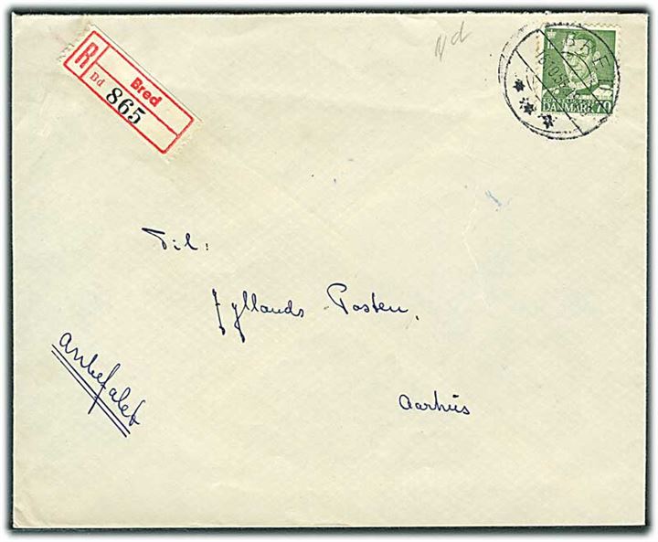 70 øre Fr. IX single på anbefalet brev fra Bred d. 16.10.1956 til Aarhus.