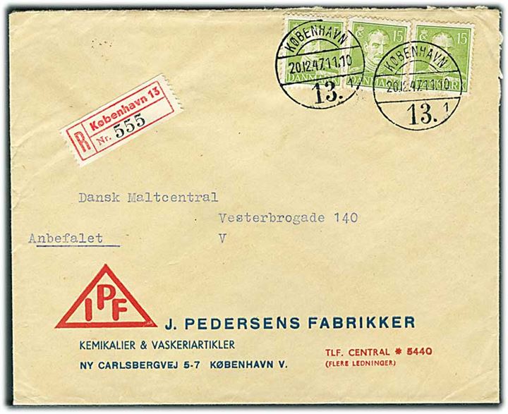 15 øre Chr. X (3) på lokalt anbefalet brev i København d. 20.12.1947.