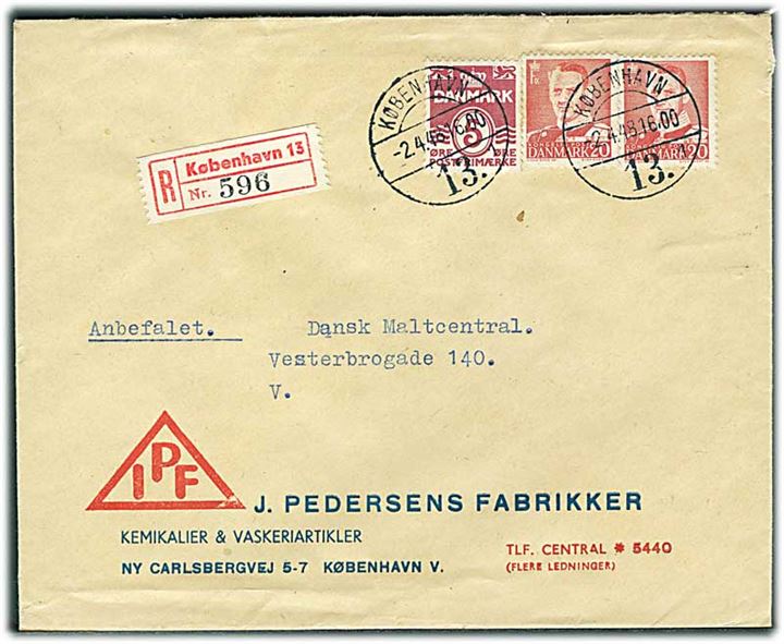 5 øre Bølgelinie og 20 øre Fr. IX (par) på lokalt anbefalet brev i København d. 2.4.1948.