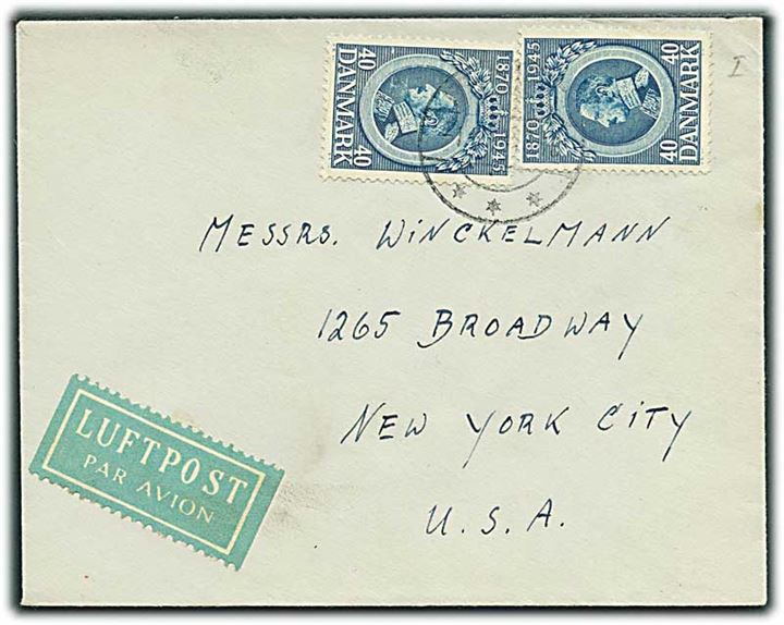 40 øre Chr. X 75 år (2) på luftpostbrev med svagt stempel til New York, USA.