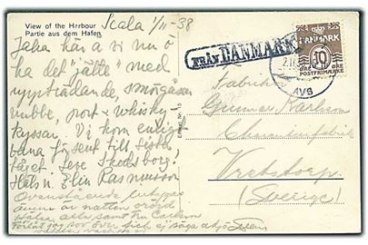 10 øre Bølgelinie på brevkort annulleret med svensk stempel i Malmö d. 2.11.1938 og sidestemplet Från Danmark til Vretstorp, Sverige.