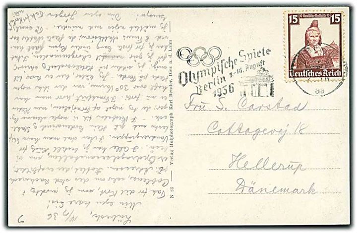15 pfg. Winterhilf udg. på brevkort annulleret med Olympiade TMS fra Lübeck d. 14.7.1936 til Hellerup, Danmark.