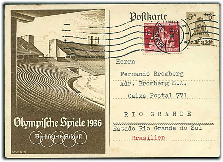 6+4 pfg. illustreret Olympiade helsagsbrevkort opfrankeret med 12 pfg. fra Hamburg d. 1.7.1936 til Rio Grande, Brasilien.