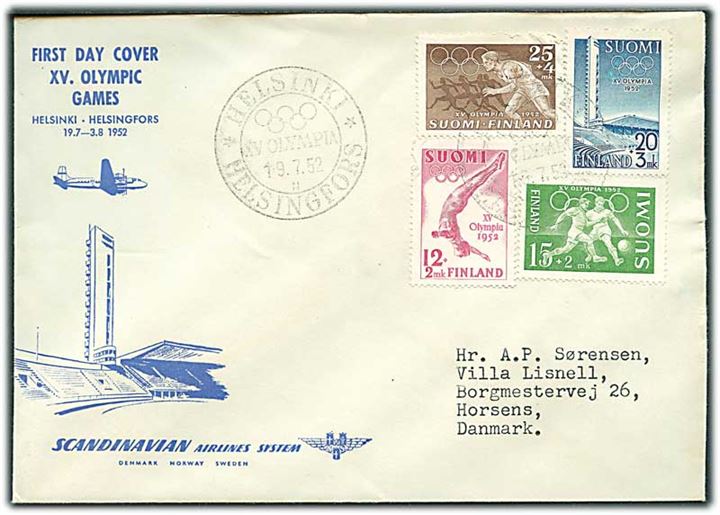 Komplet sæt Olympiade udg. på SAS FDC annulleret med særstempel Helsinki XV Olympia N d. 19.7.1952 til Horsens, Danmark.