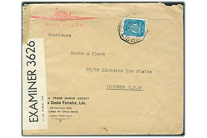 $3,50 frankeret luftpostbrev fra Lissabon d. 5.4.1944 til London, England. Åbnet af britisk censur PC90/3626.