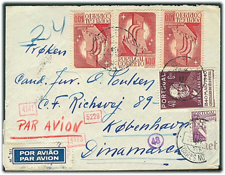 $3,50 blandingsfrankeret luftpostbrev fra Torres Novas d. 22.11.1941 via Lissabon til København, Danmark. Åbnet af tysk censur i München. Bagklap og afsender mangler.