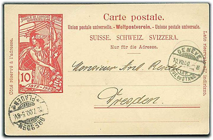10 c. illustreret helsagsbrevkort fra Genéve d. 10.7.1900 til Dresden, Tyskland.