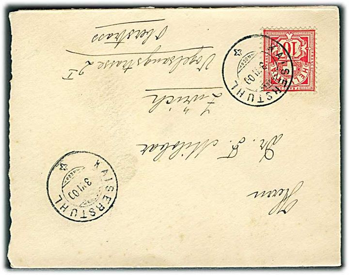 10 c. Ciffer single på brev fra Kaiserstuhl d. 3.6.1900 til Zürich.