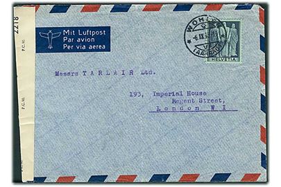 50 c. single på luftpostbrev fra Wohlen d. 6.9.1945 til London, England. Åbnet af britisk censur PC90/2218.